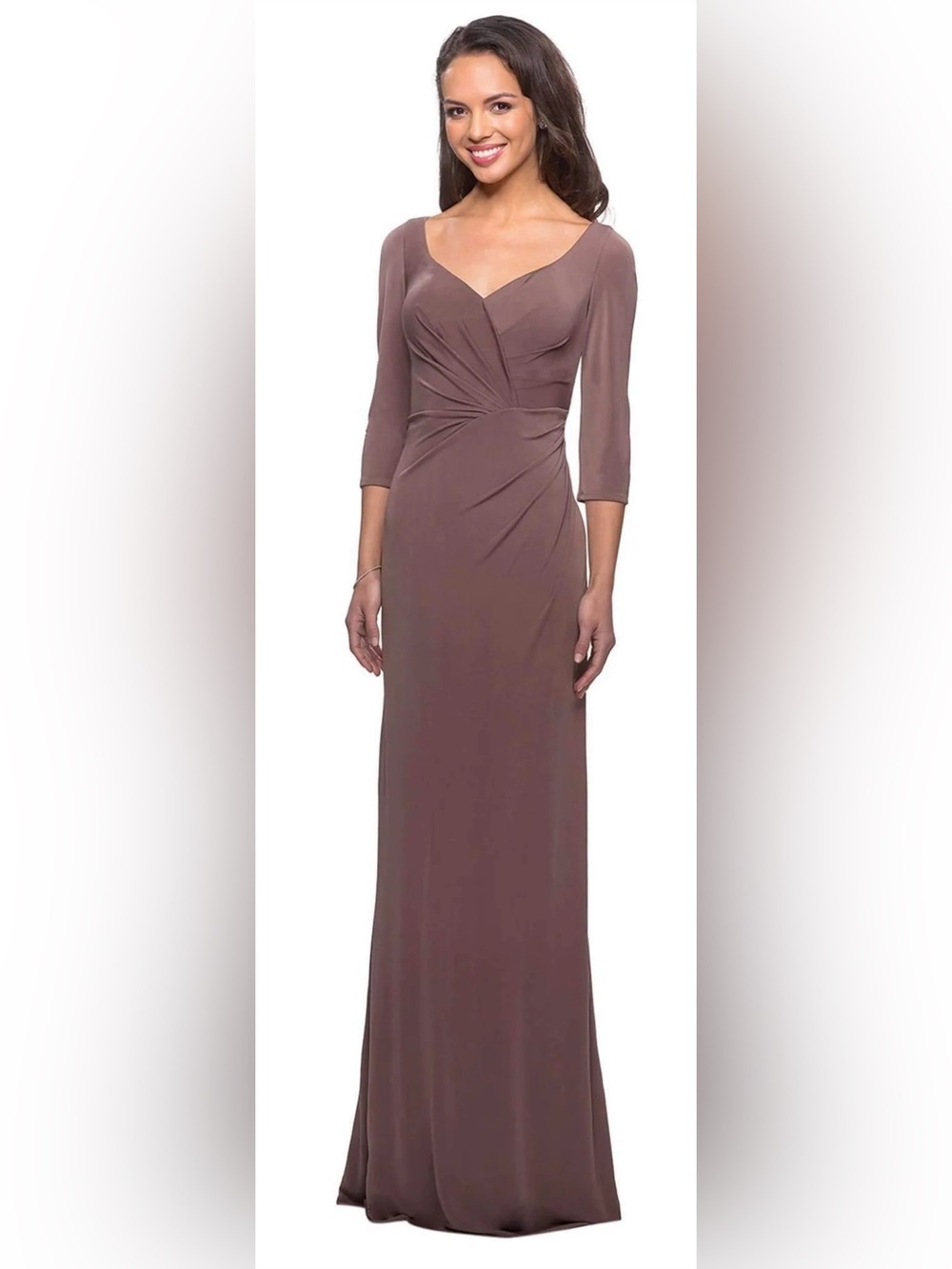 La Femme Taupe/Brown Long Sleeve V-Neck Wrap Dress
